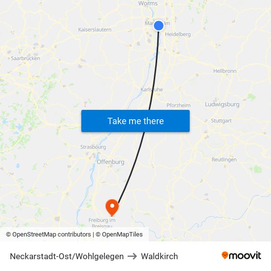 Neckarstadt-Ost/Wohlgelegen to Waldkirch map