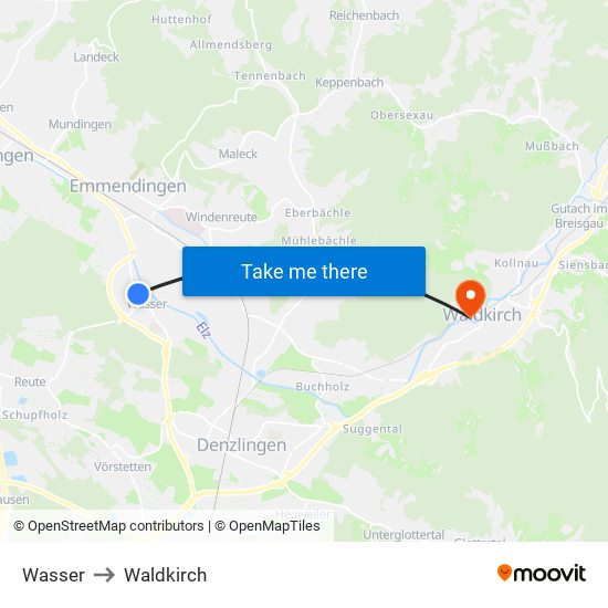 Wasser to Waldkirch map