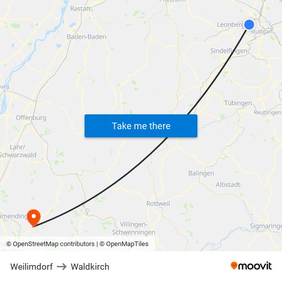 Weilimdorf to Waldkirch map