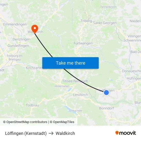 Löffingen (Kernstadt) to Waldkirch map