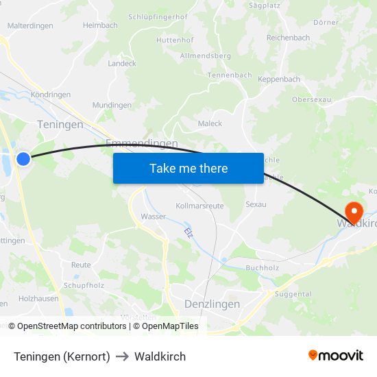 Teningen (Kernort) to Waldkirch map