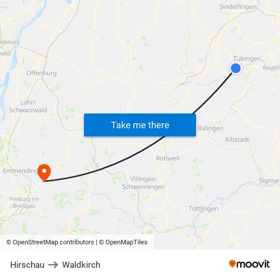 Hirschau to Waldkirch map