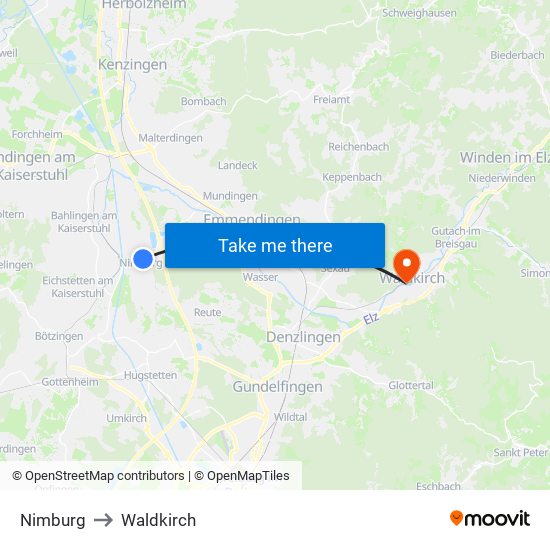 Nimburg to Waldkirch map