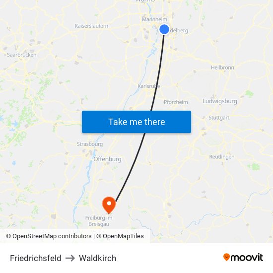 Friedrichsfeld to Waldkirch map
