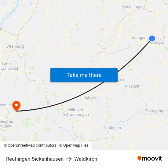 Reutlingen-Sickenhausen to Waldkirch map