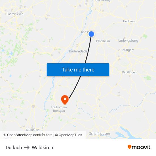 Durlach to Waldkirch map