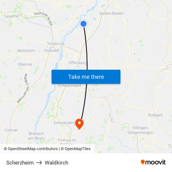 Scherzheim to Waldkirch map