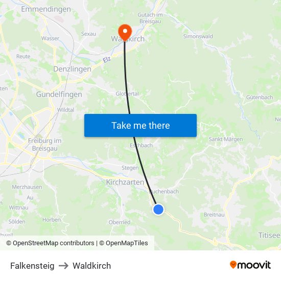 Falkensteig to Waldkirch map