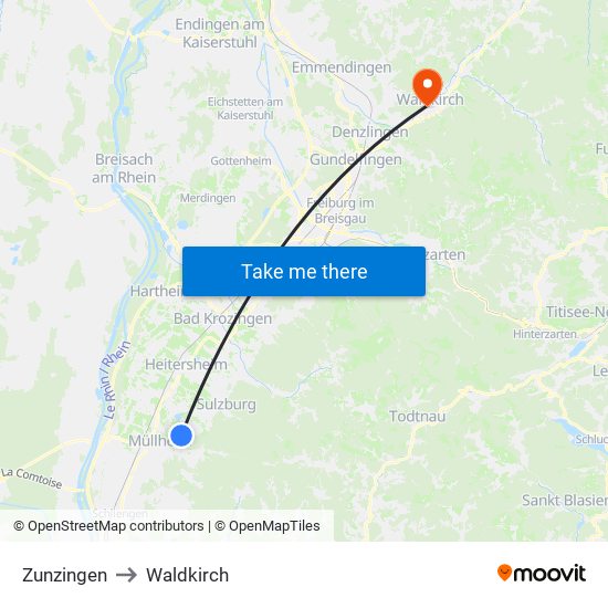 Zunzingen to Waldkirch map