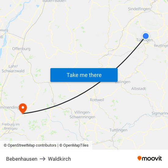 Bebenhausen to Waldkirch map