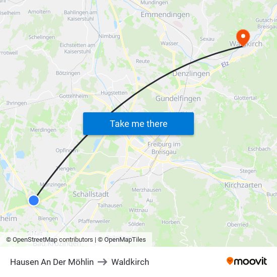 Hausen An Der Möhlin to Waldkirch map