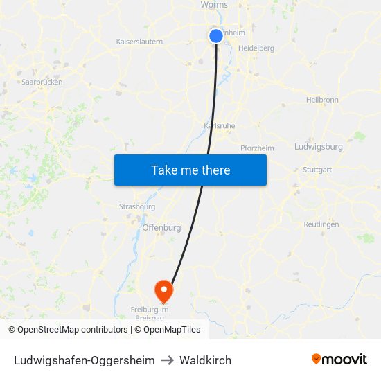 Ludwigshafen-Oggersheim to Waldkirch map