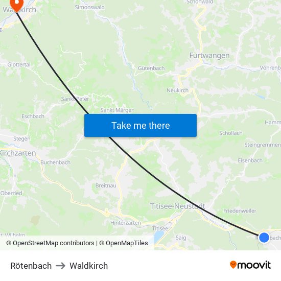 Rötenbach to Waldkirch map