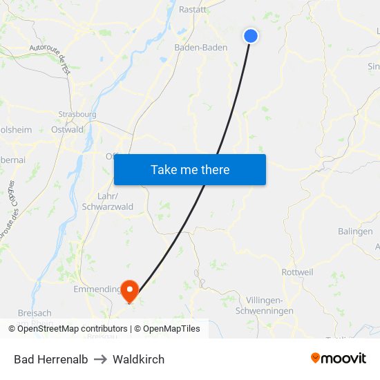 Bad Herrenalb to Waldkirch map