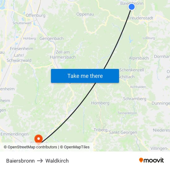 Baiersbronn to Waldkirch map