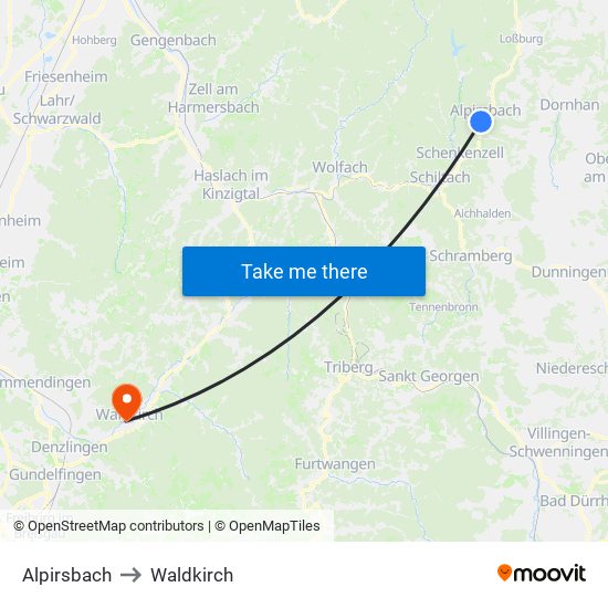 Alpirsbach to Waldkirch map