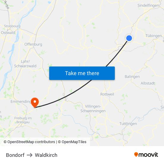 Bondorf to Waldkirch map