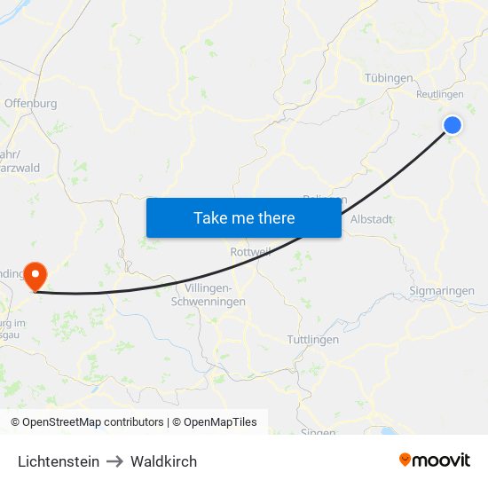 Lichtenstein to Waldkirch map