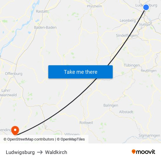 Ludwigsburg to Waldkirch map