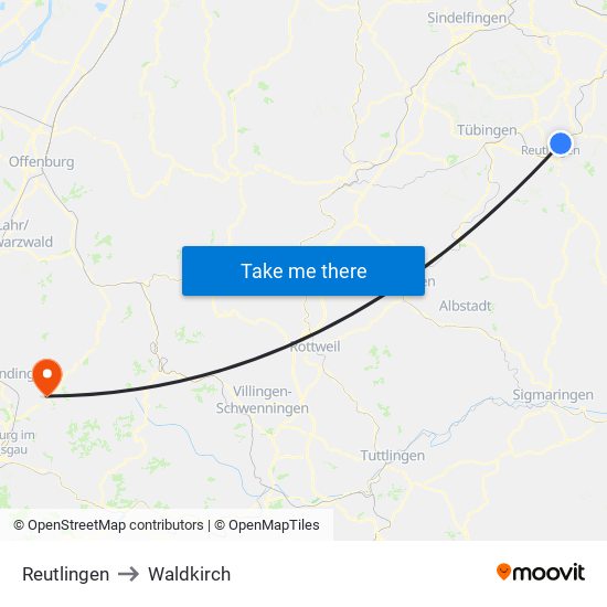 Reutlingen to Waldkirch map