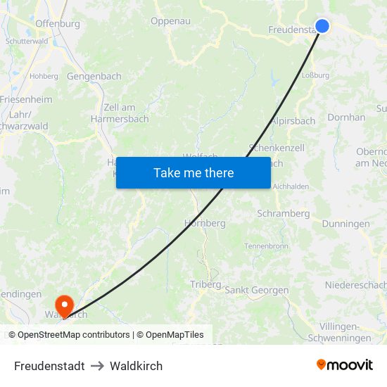 Freudenstadt to Waldkirch map