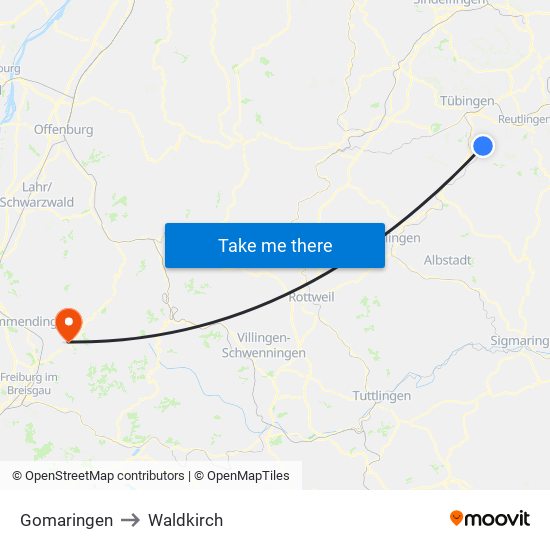 Gomaringen to Waldkirch map