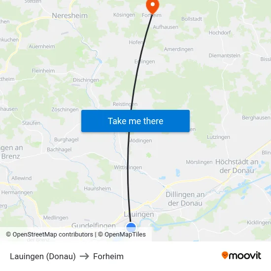 Lauingen (Donau) to Forheim map