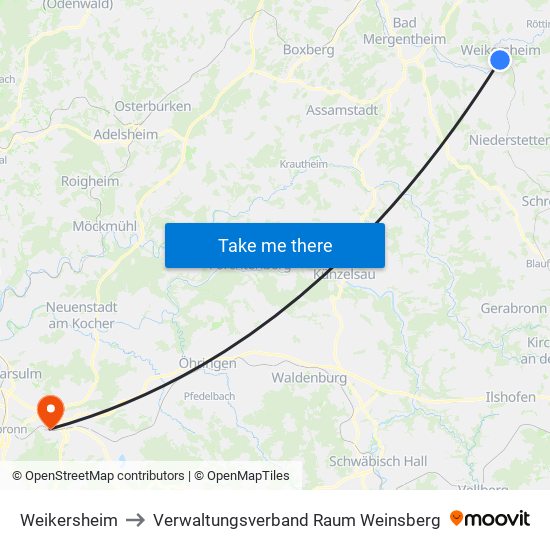 Weikersheim to Verwaltungsverband Raum Weinsberg map