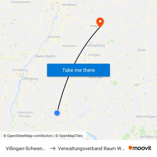 Villingen-Schwenningen to Verwaltungsverband Raum Weinsberg map