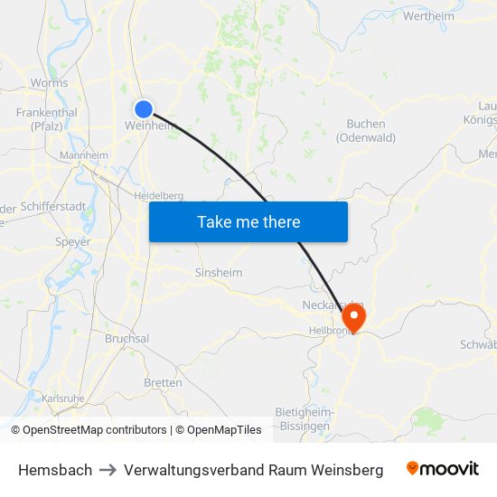 Hemsbach to Verwaltungsverband Raum Weinsberg map