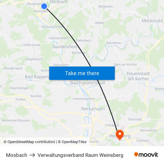 Mosbach to Verwaltungsverband Raum Weinsberg map