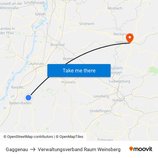 Gaggenau to Verwaltungsverband Raum Weinsberg map