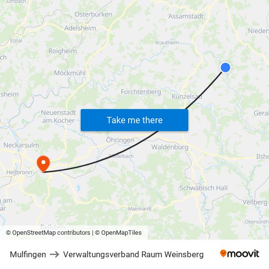 Mulfingen to Verwaltungsverband Raum Weinsberg map