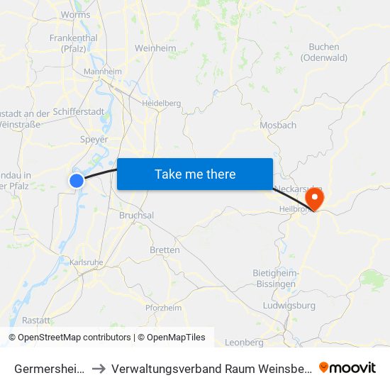 Germersheim to Verwaltungsverband Raum Weinsberg map