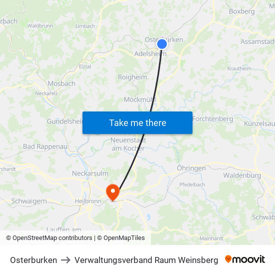 Osterburken to Verwaltungsverband Raum Weinsberg map