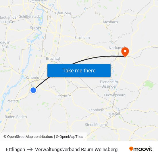 Ettlingen to Verwaltungsverband Raum Weinsberg map