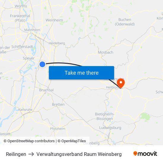 Reilingen to Verwaltungsverband Raum Weinsberg map