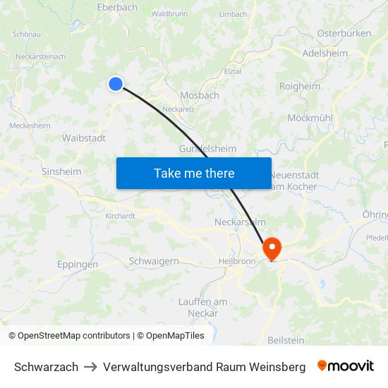 Schwarzach to Verwaltungsverband Raum Weinsberg map