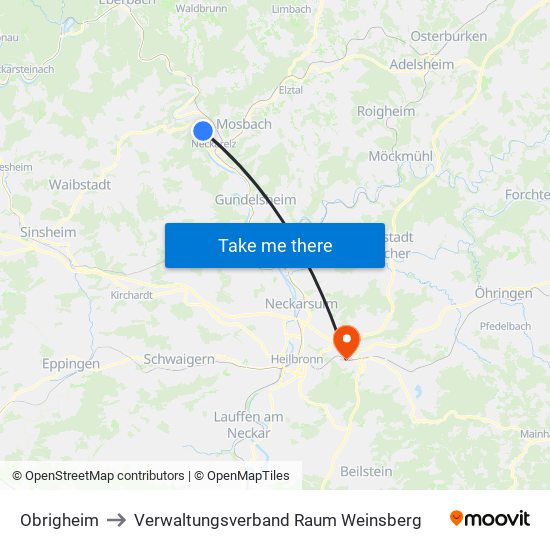 Obrigheim to Verwaltungsverband Raum Weinsberg map