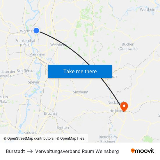 Bürstadt to Verwaltungsverband Raum Weinsberg map