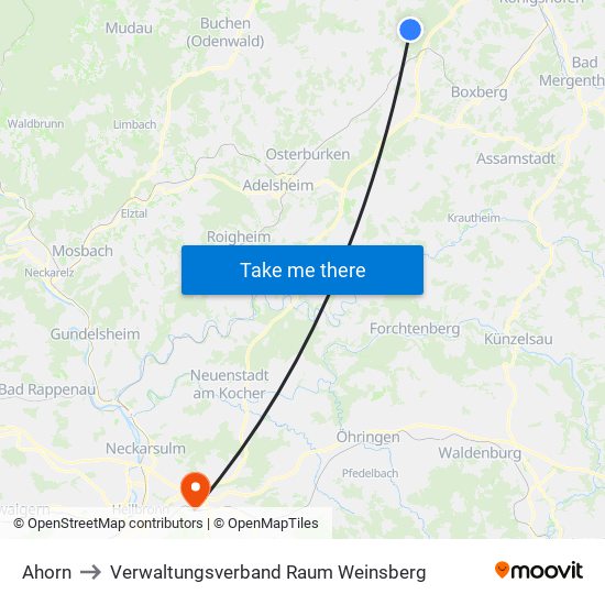 Ahorn to Verwaltungsverband Raum Weinsberg map