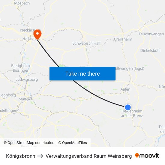 Königsbronn to Verwaltungsverband Raum Weinsberg map