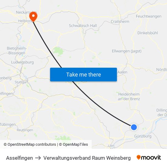 Asselfingen to Verwaltungsverband Raum Weinsberg map