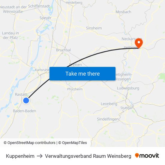 Kuppenheim to Verwaltungsverband Raum Weinsberg map