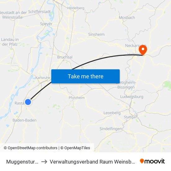 Muggensturm to Verwaltungsverband Raum Weinsberg map