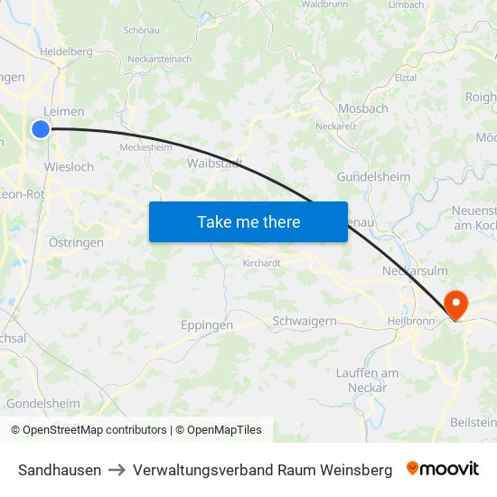Sandhausen to Verwaltungsverband Raum Weinsberg map