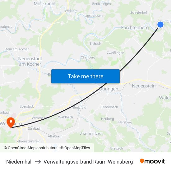 Niedernhall to Verwaltungsverband Raum Weinsberg map