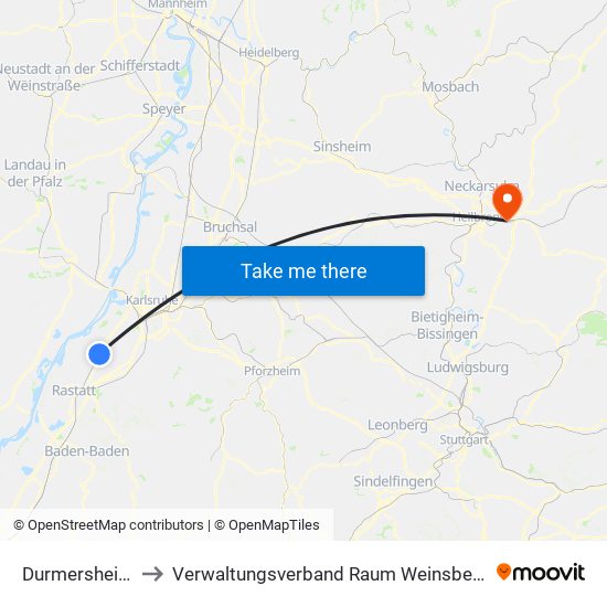 Durmersheim to Verwaltungsverband Raum Weinsberg map