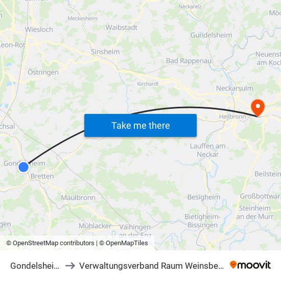 Gondelsheim to Verwaltungsverband Raum Weinsberg map