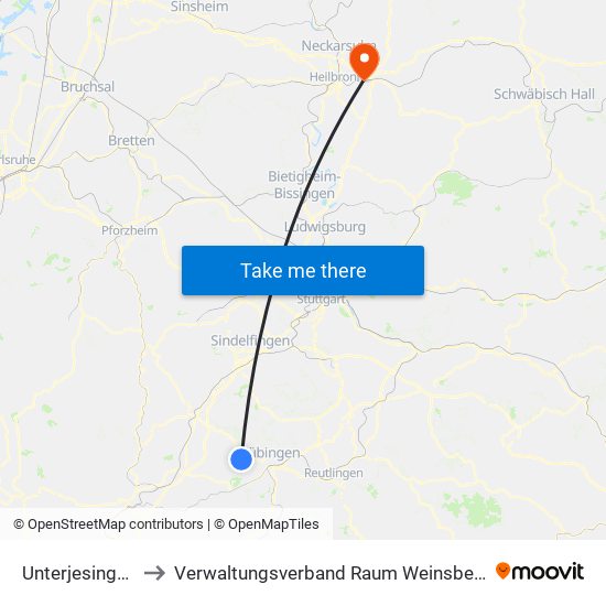 Unterjesingen to Verwaltungsverband Raum Weinsberg map